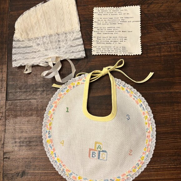 Handmade Cross Stitch Baby Bib ~ Wedding Handkerchief / Bonnet ~ Something Old - Picture 1 of 5
